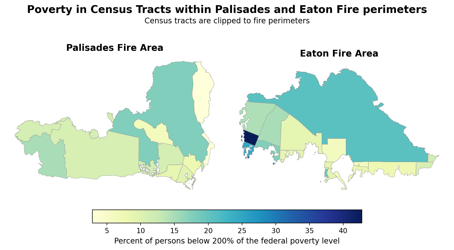False color map of the Los Angeles area highlighting Eaton and Palisades fire perimeters